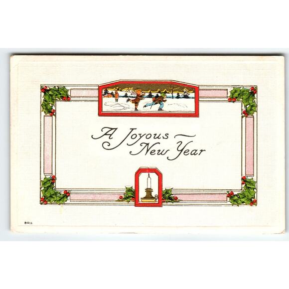 Vintage 1911 Joyous New Year Lithograph Postcard Winter Scene - Picture 1 of 2